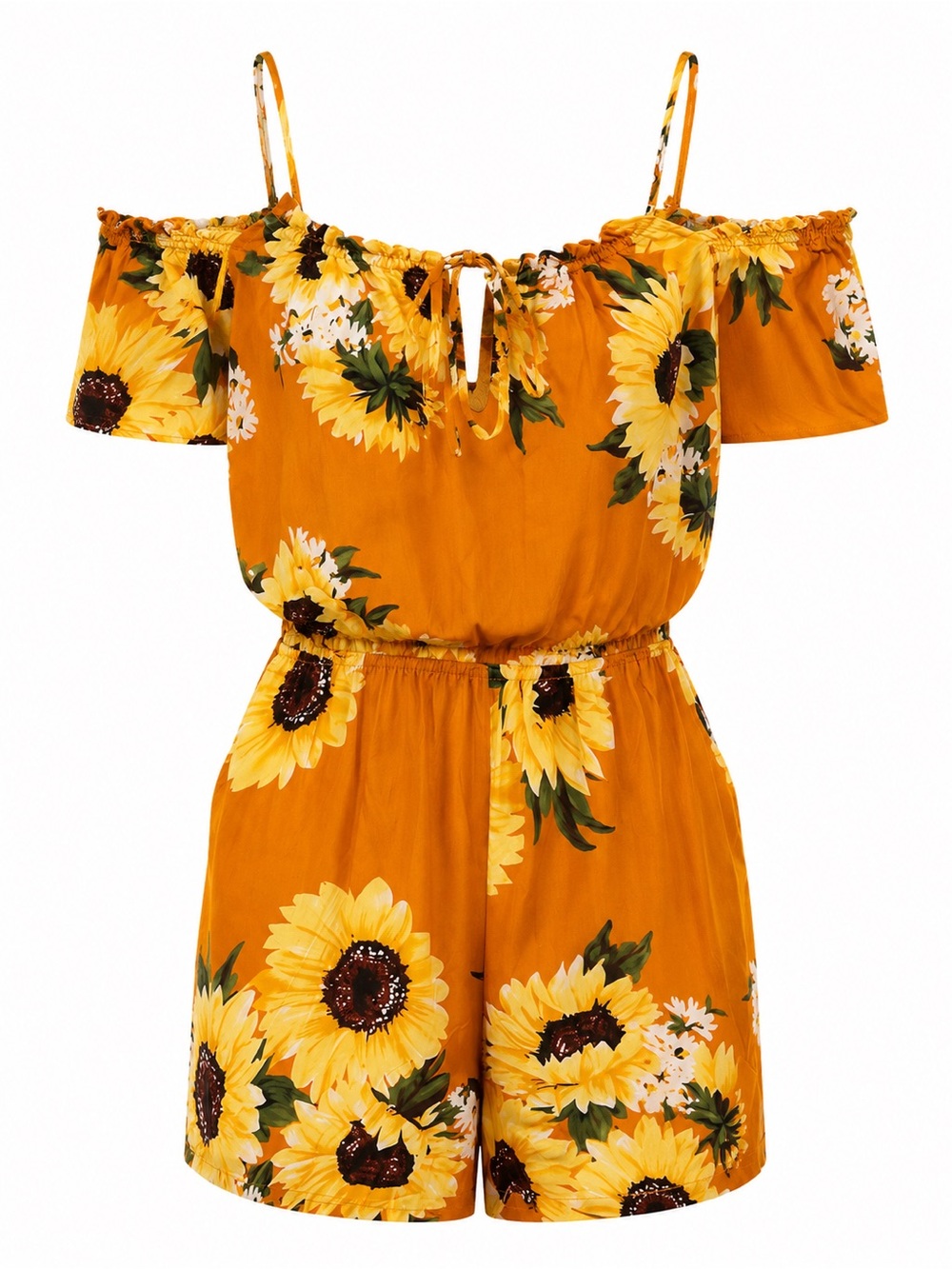 Sunflower Off-Shoulder Romper in Mustard